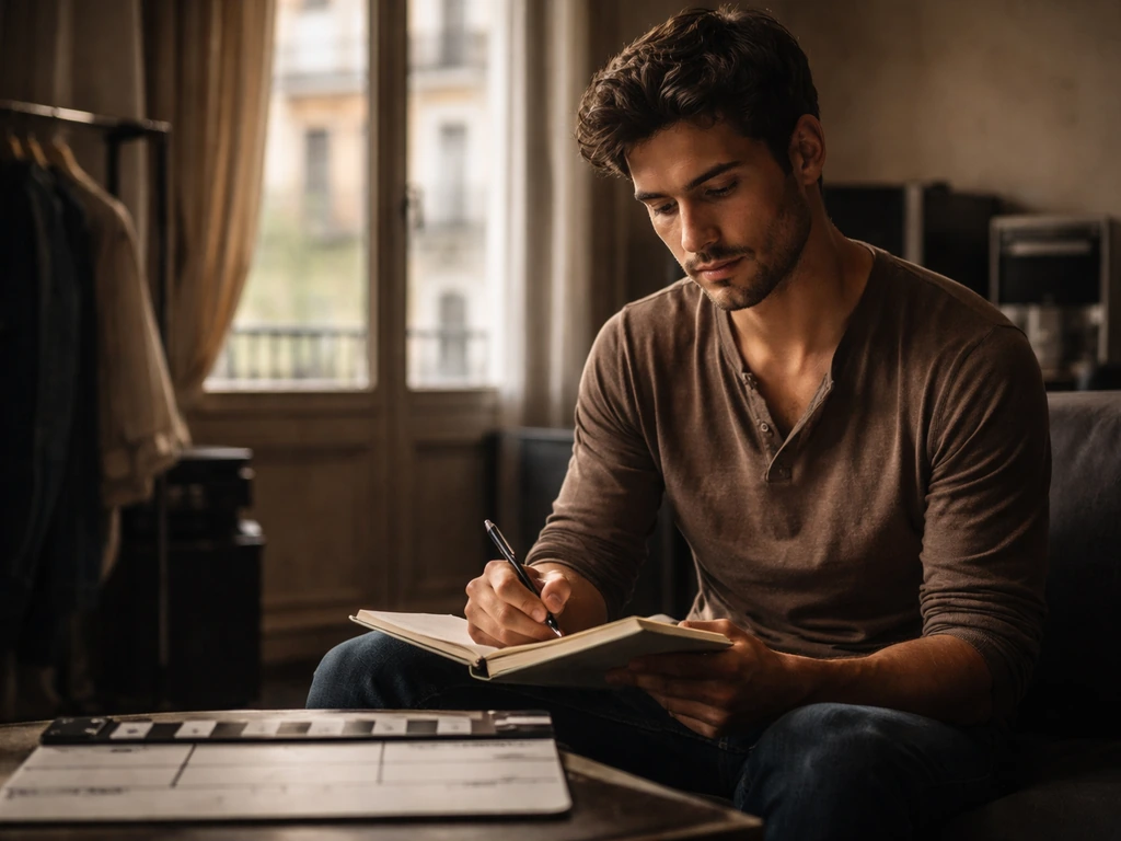 Anonymous Spanish actor in a quiet production room checking a notebook with city light behind him.