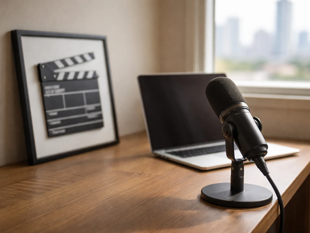 Minimal desk scene with a microphone and Spanish street view, suggesting an actor’s TV acting income sources.