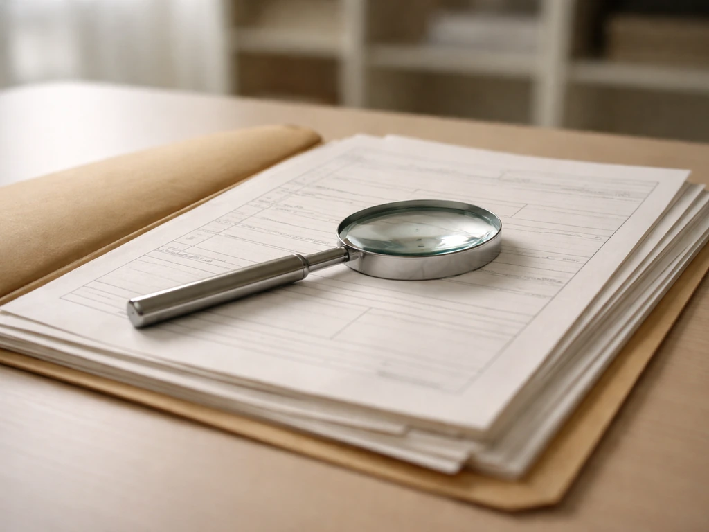 Magnifying glass over blank land registry-style documents on a desk, symbolizing Spain public record checks.
