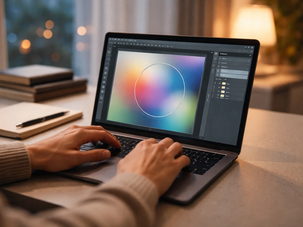 Minimal workspace with a laptop showing an abstract Photopea-like interface, symbolizing an online founder’s wealth esti