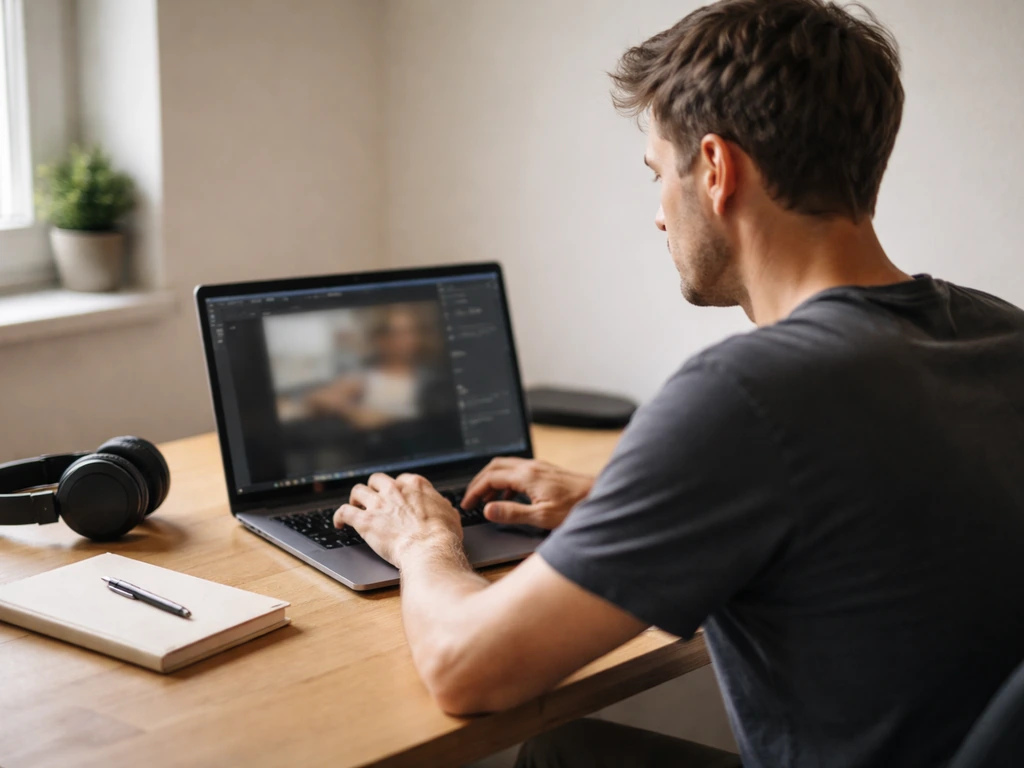 Candid photo of a small desk with laptop showing Photopea-like interface, focused on a founder context