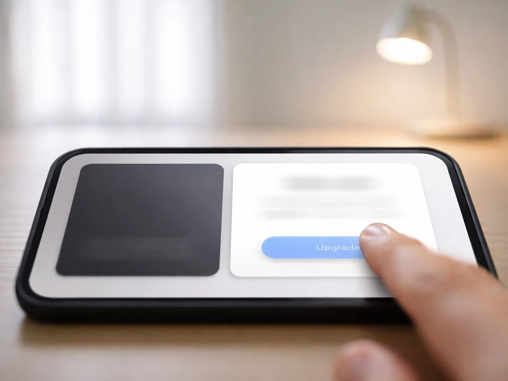 Minimal desk scene showing a screen with abstract ad and upgrade panels, implying a freemium revenue flow.