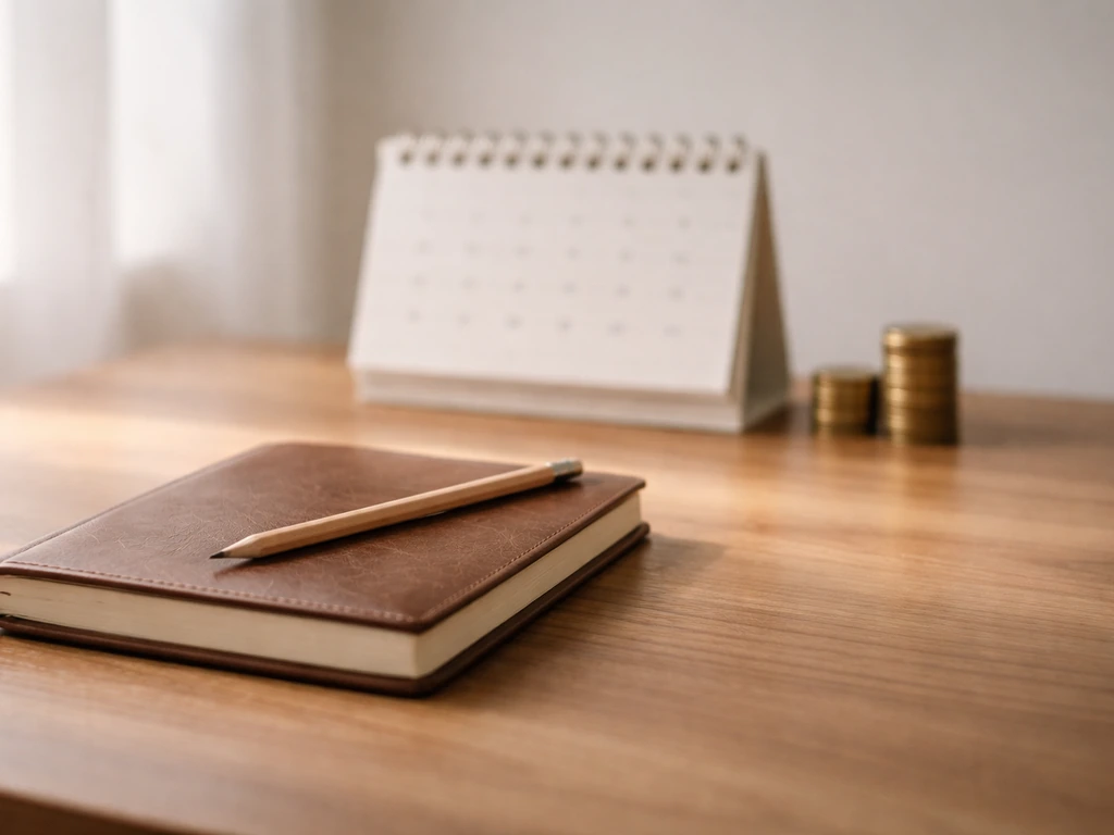 Minimal office desk with a single notebook and pencil beside a calendar, suggesting a long financial timeline.