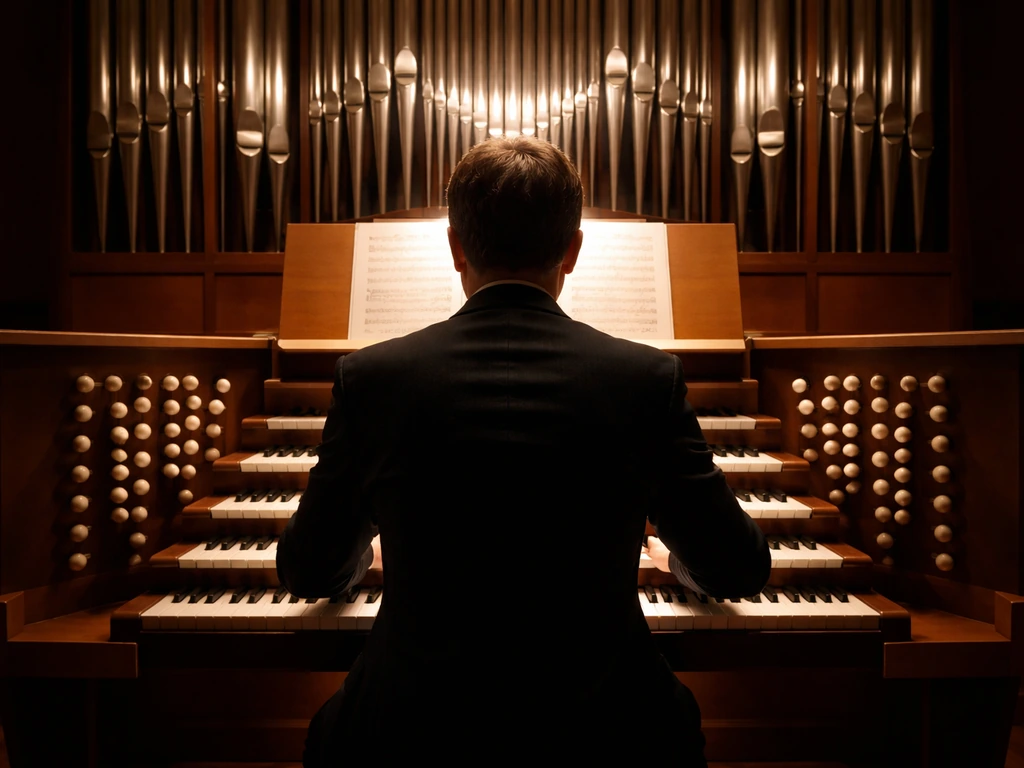Anonymous organist playing a pipe organ in a quiet classical concert hall with warm lighting.