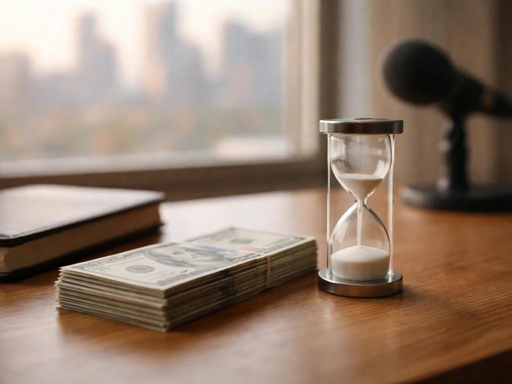Minimal desk scene with a small pile of cash and a low-to-moderate confidence mood, no text or labels.