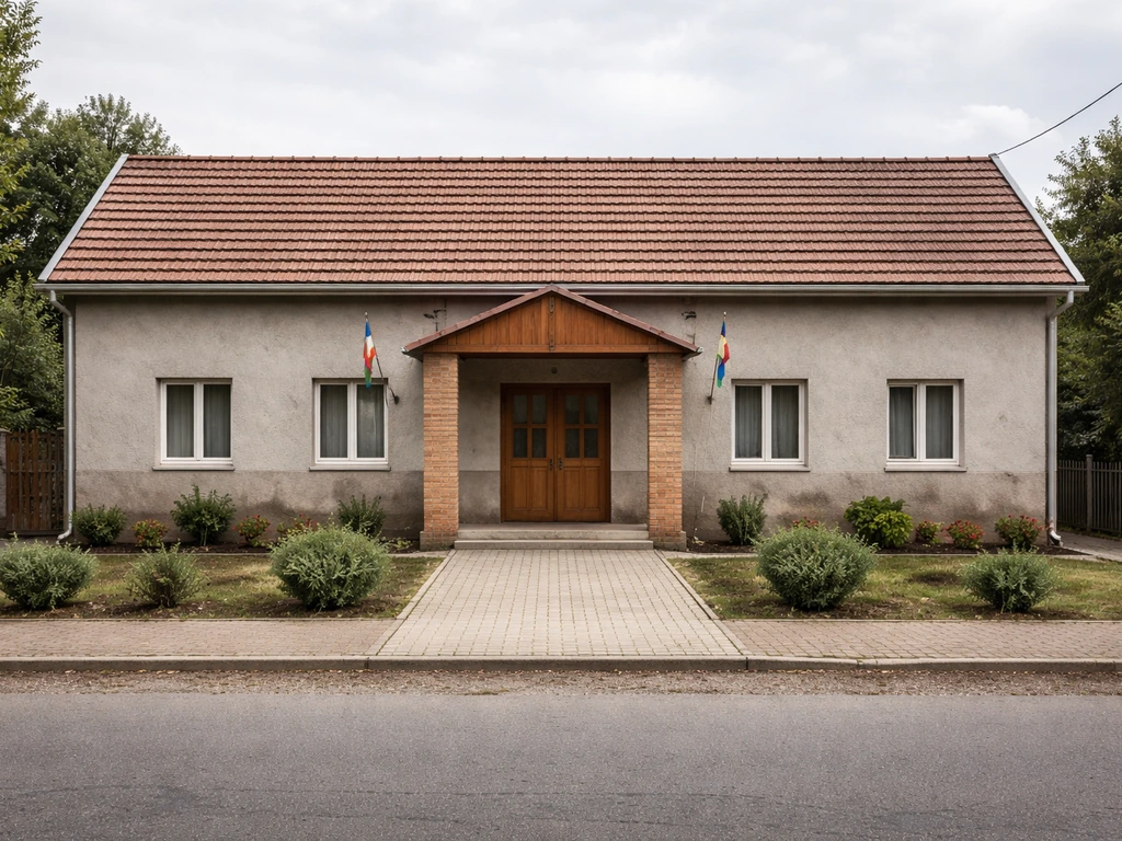 Exterior view of a modest Hungarian memorial/community hall in Mezőlak, with a quiet street and trees.