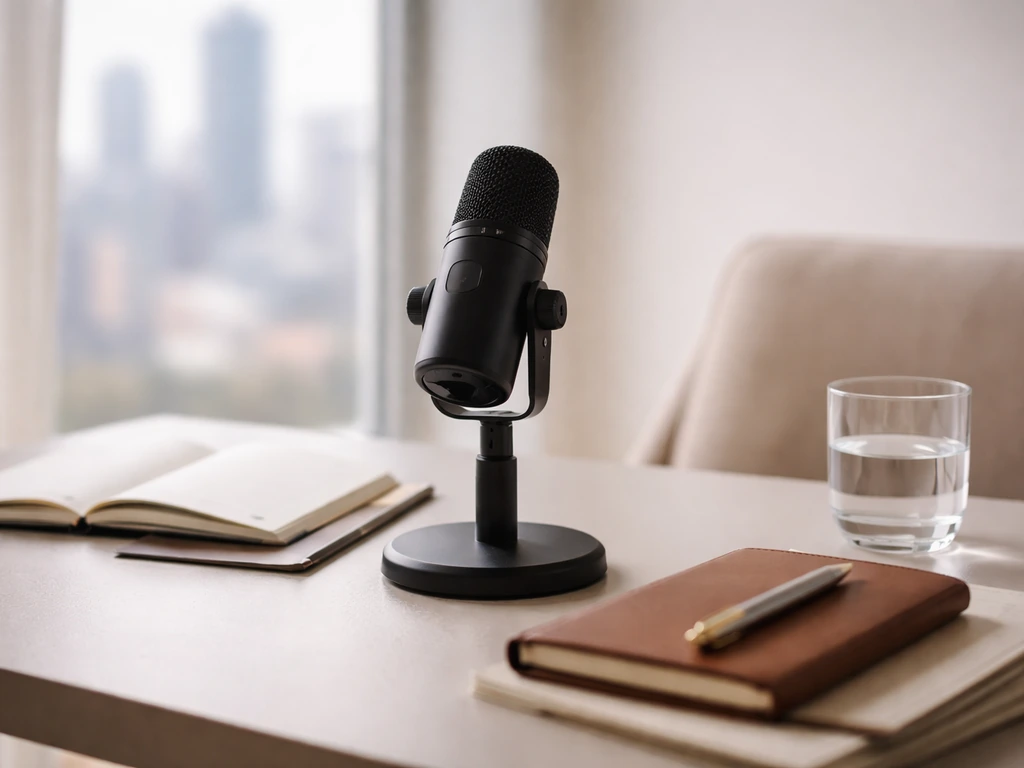 Minimal studio desk setup with a microphone and soft luxury details symbolizing media and wealth analysis