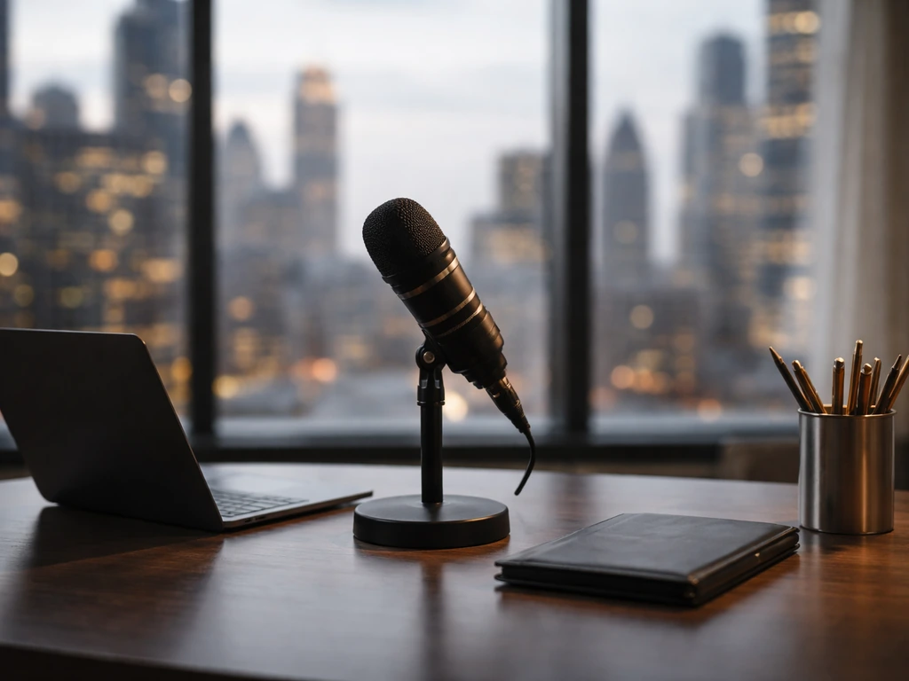 Minimal TV studio desk with an empty microphone and laptop, symbolizing media and business profile.