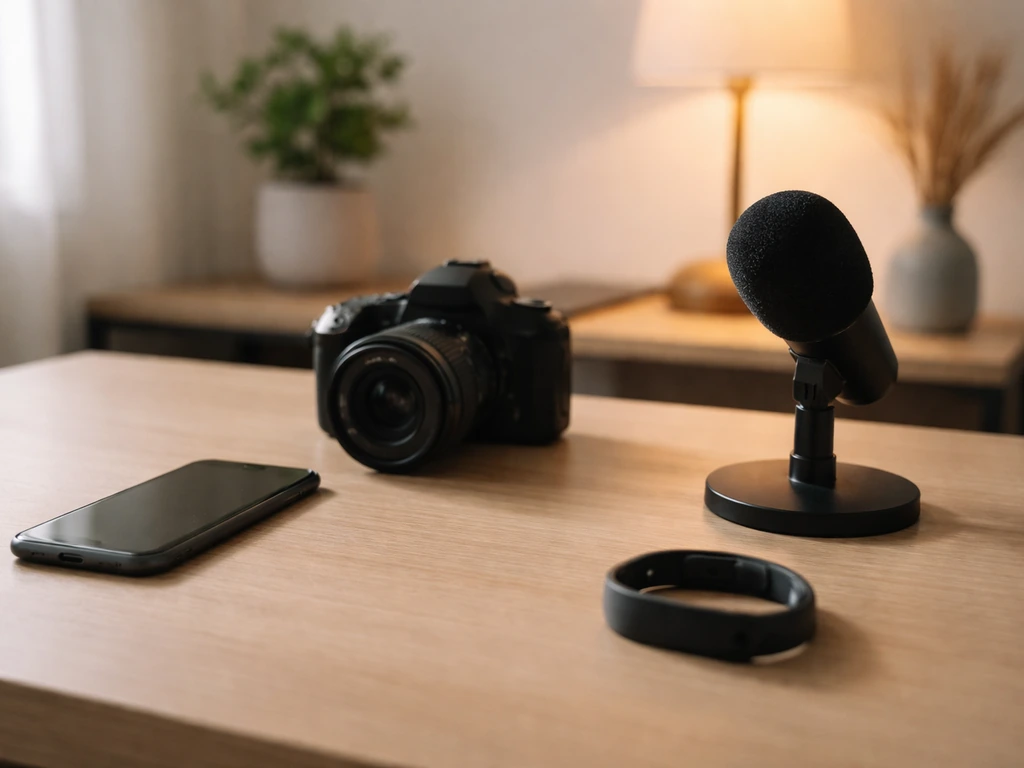 Minimal desk scene with smartphone, camera, and microphone suggesting multiple income streams.