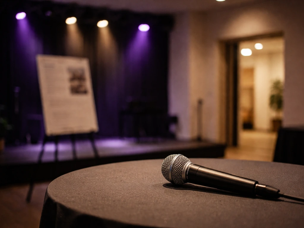 Microphone on a stage with soft lights and a blurred flyer sign at a cultural event venue
