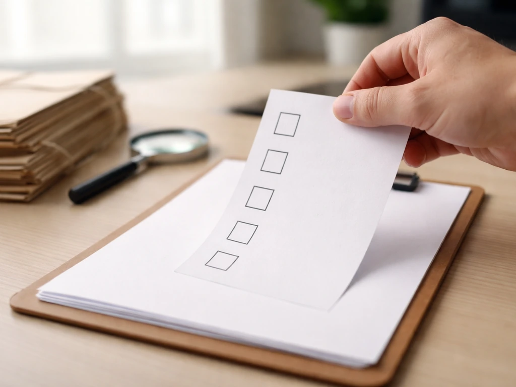 Anonymous hand using a checklist, magnifying glass, and folders on a desk under natural light
