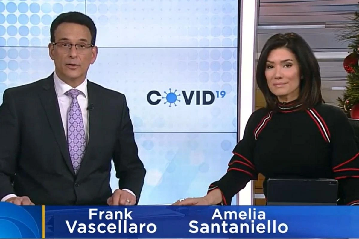 Frank Vascellaro and Amelia Santaniello standing at a news desk during a TV broadcast, with their names displayed on the