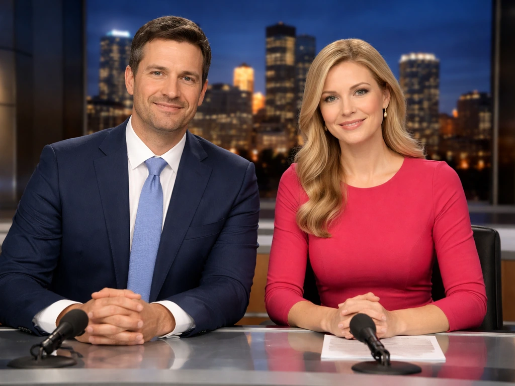 Anonymous husband-and-wife TV news anchors seated at a studio desk with microphones and a blurred skyline.