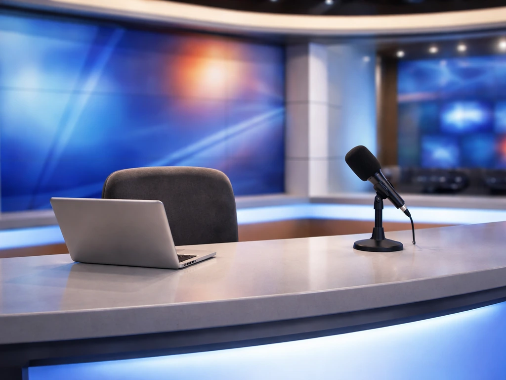 Empty CBS-affiliate news studio desk with microphone and softly blurred broadcast backdrop