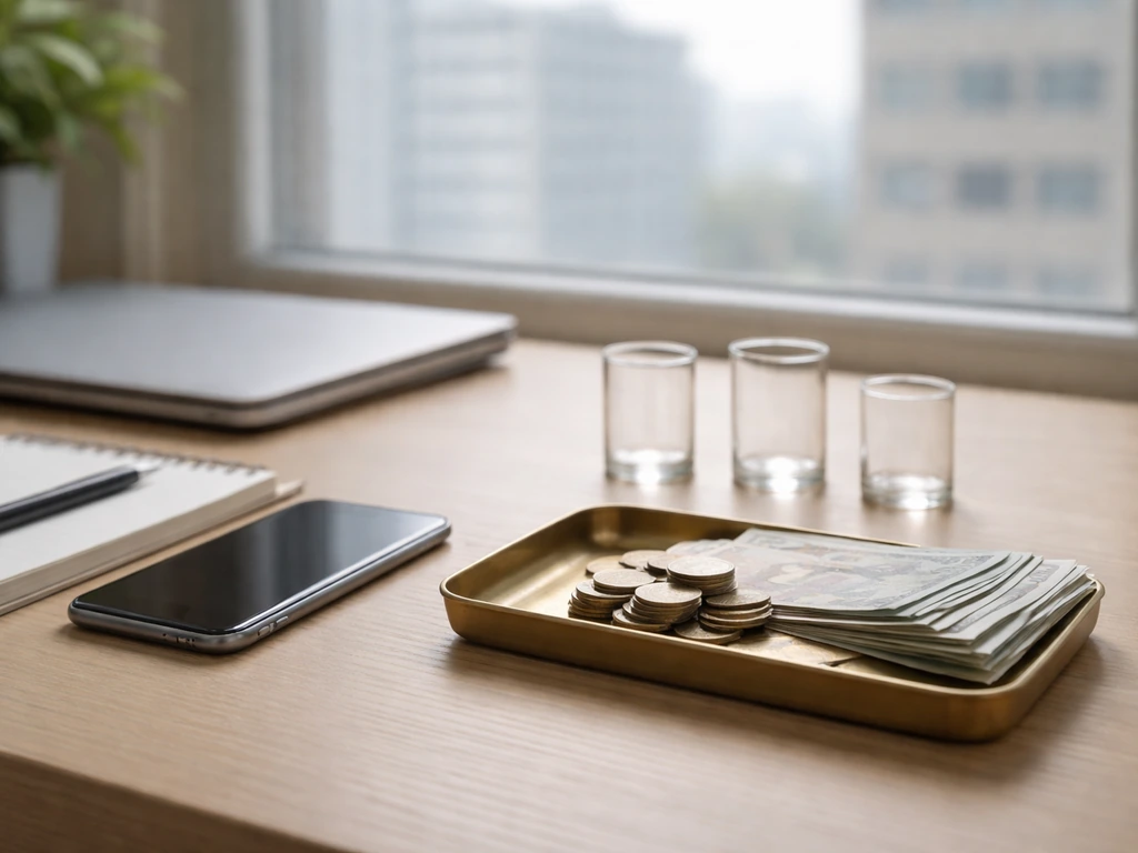 Minimal desk scene with coins and banknotes, symbolic glass cylinders for ranges and confidence, no text.