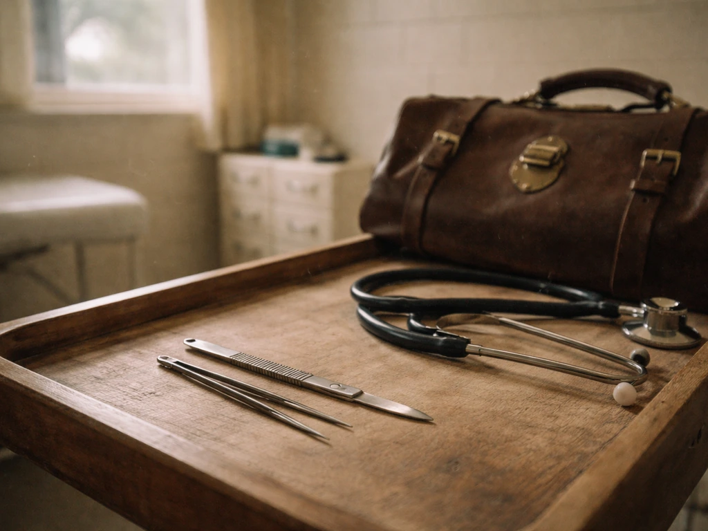 Vintage-style Australian clinic scene with podiatry tools and a worn leather satchel referencing Vasyli’s early era.