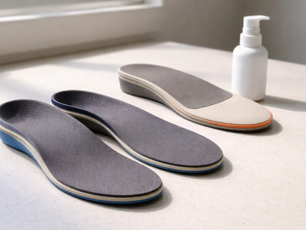 Close-up of orthotic insoles, a foot-care product bottle, and orthotic shoe inserts on a clean worktable
