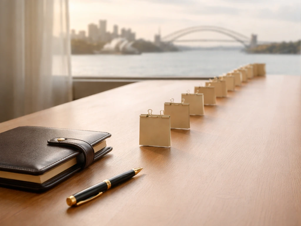 Wood desk with a leather planner and blank date cards leading toward a softly blurred Sydney skyline.