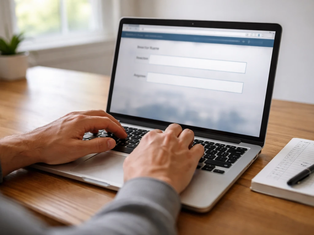 Person using a laptop to search USPTO records, with focused fields visible in a verification walkthrough