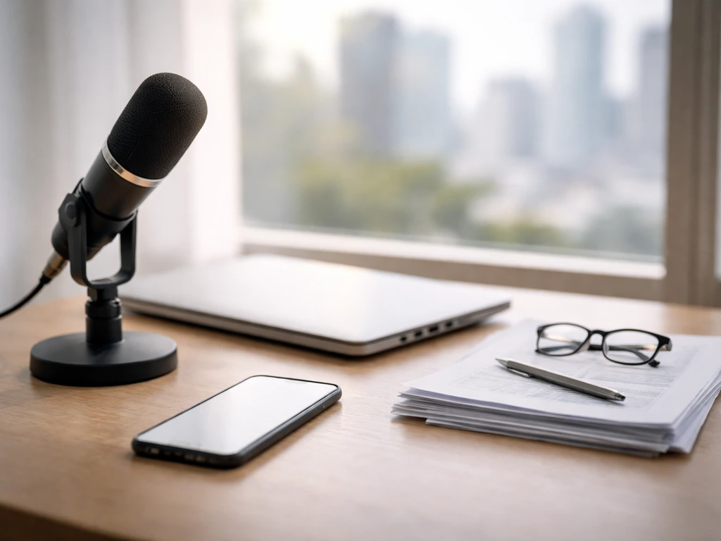 Minimal desk with studio microphone, laptop, and phone near a window, symbolizing business wealth research.