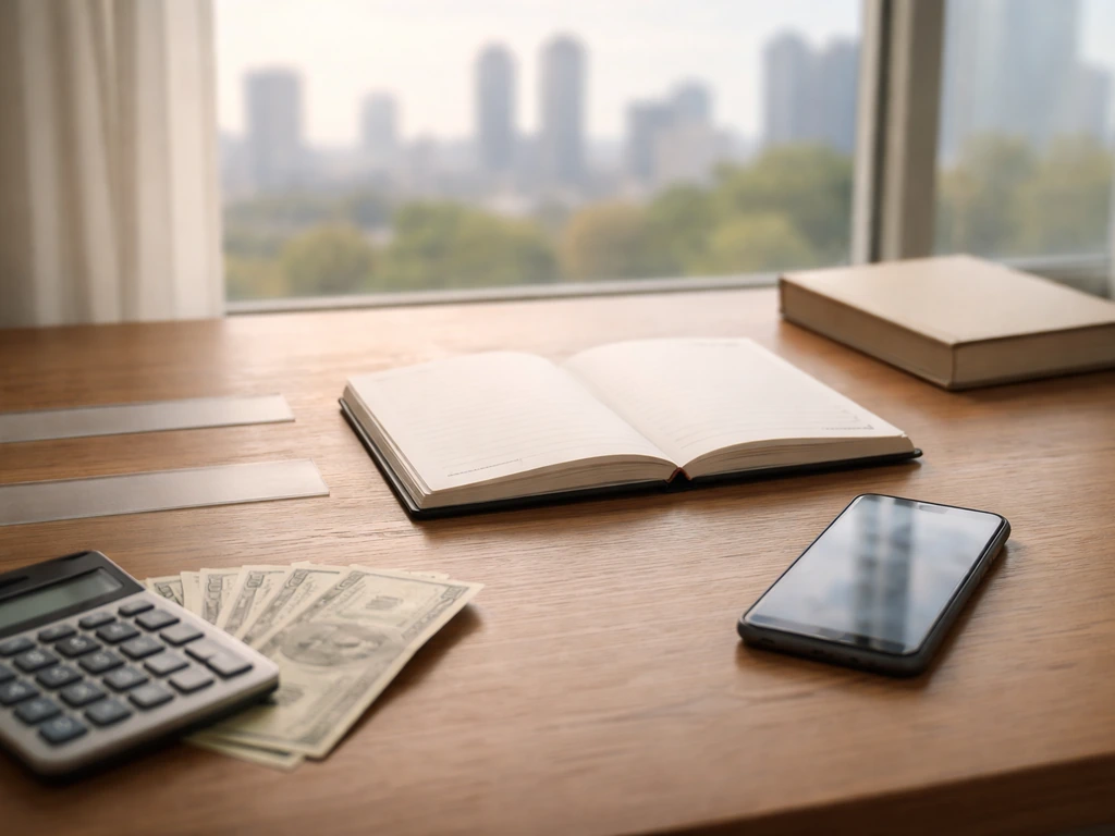 Minimal desk scene with a calculator, scattered bills, and a phone showing blurred numbers—symbolic net-worth range