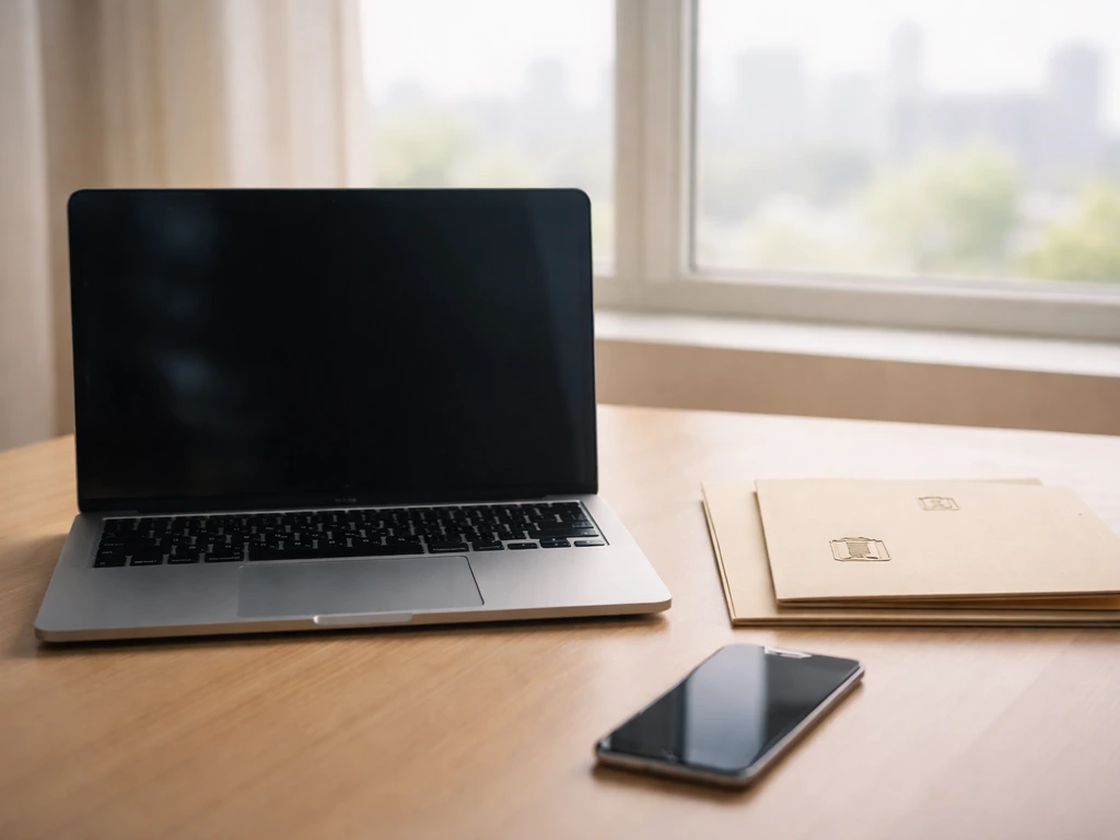 Minimal desk scene with a laptop and smartphone beside public record-style search folders, symbolizing verification step