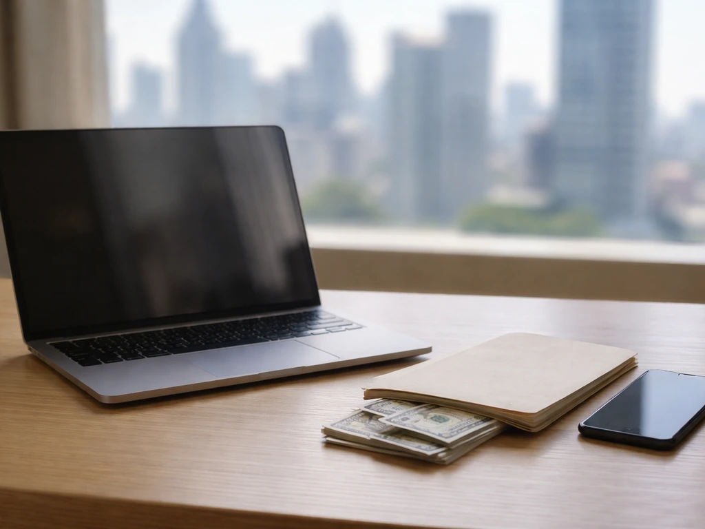 Minimal desk scene with laptop, phone, and cash suggesting differing net-worth estimates.