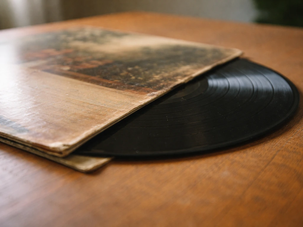 Close-up of a worn 1970s vinyl album sleeve with a record partially visible on a wooden table