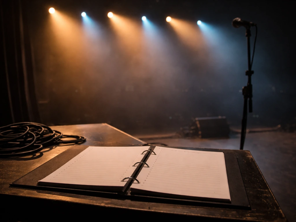 Concert stage table with blank setlist pages and warm stage lights, no people visible.