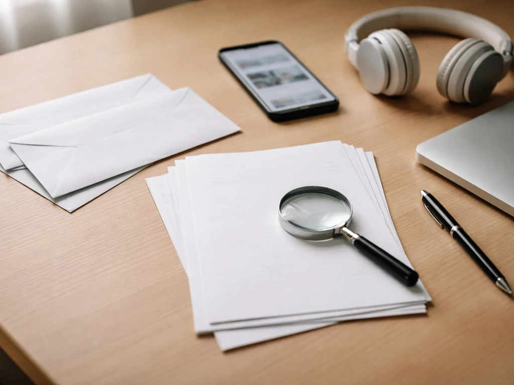 Desk setup with blank papers, magnifying glass, smartphone, and pen for verifying an estimate workflow.