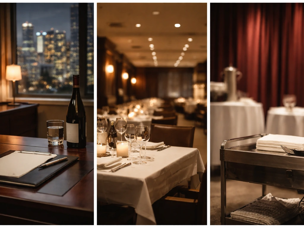 Three-panel collage of quiet hospitality scenes on a desk and in a dining space, hinting different identities.