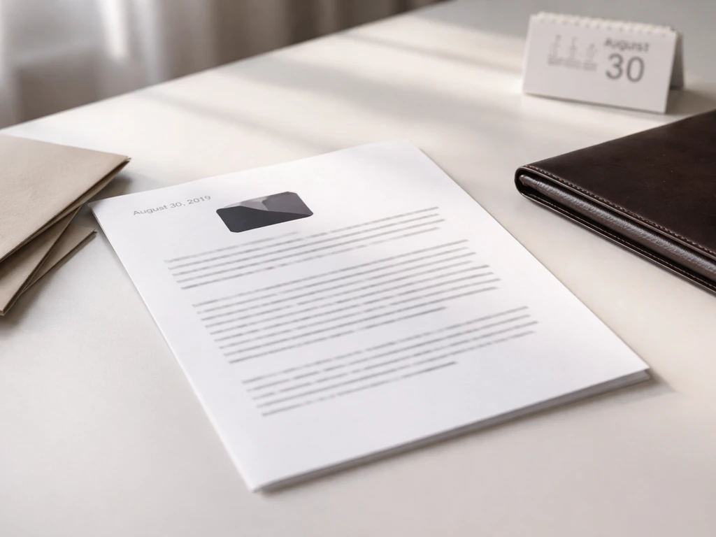 Minimal desk scene with a dated press-release document panel and business papers, symbolizing a CEO transition