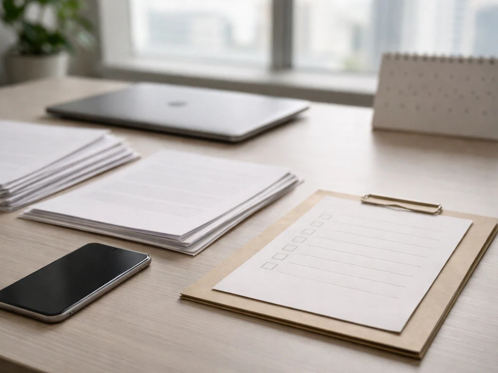 Simple business desk scene with papers and a phone, suggesting verification of an estimate without showing any person.