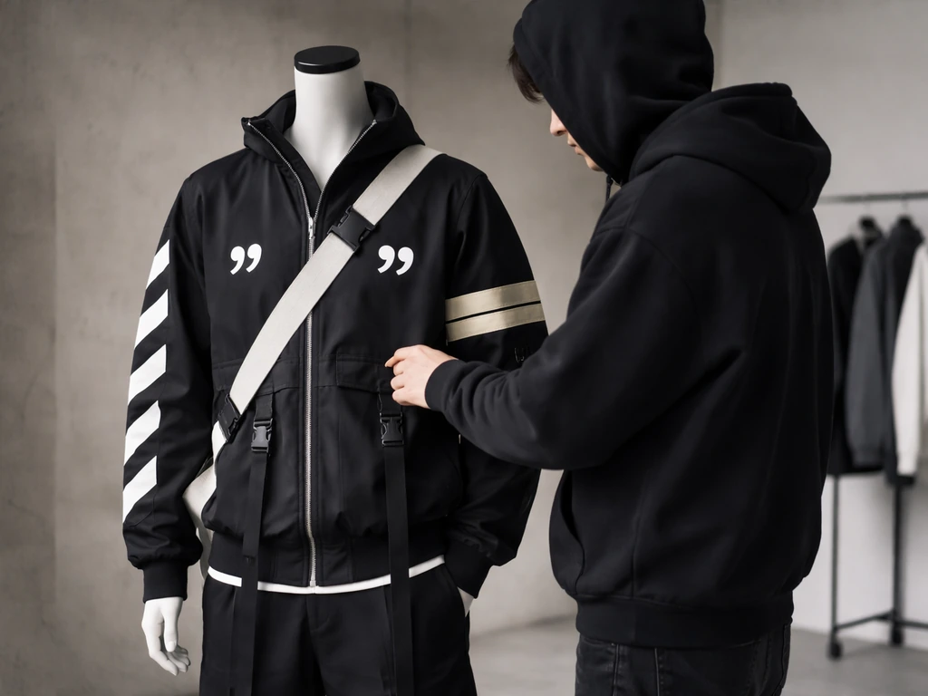 Anonymous stylist in a studio adjusting a mannequin dressed in Off-White–inspired black-and-white streetwear.
