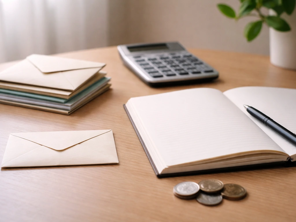 Minimal close-up of a notebook and calculator beside cash-like envelopes, symbolizing a private asset breakdown