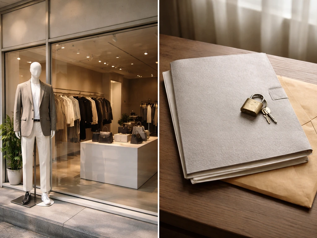 Minimal split view: a boutique fashion window for brand continuity and a locked sealed document for estate handling.