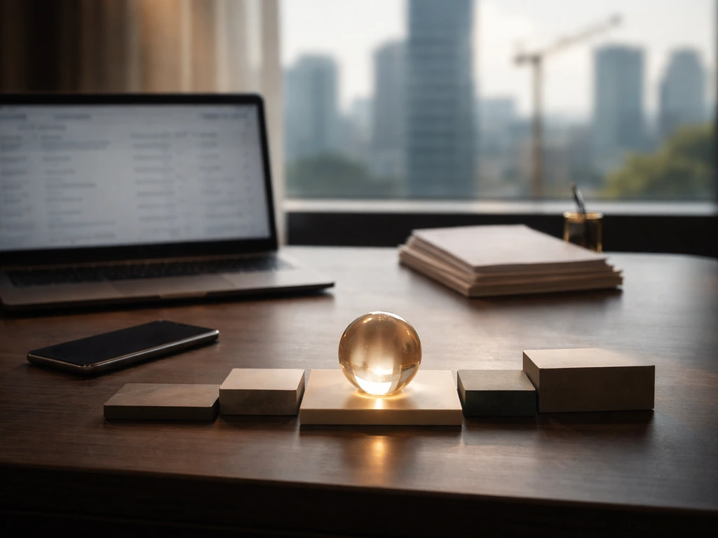Sleek office desk with blurred laptop, documents, and glowing glass centerpiece suggesting wealth breakdown