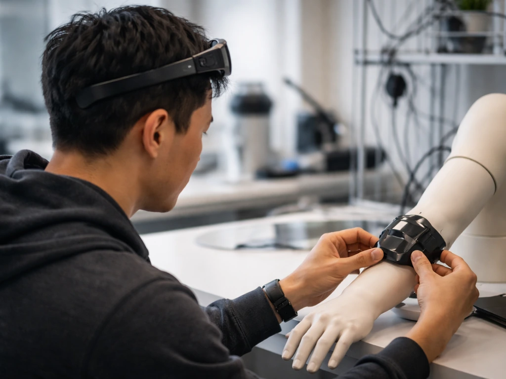 Anonymous startup founder in a health-tech lab adjusting a wearable device on a mannequin arm.
