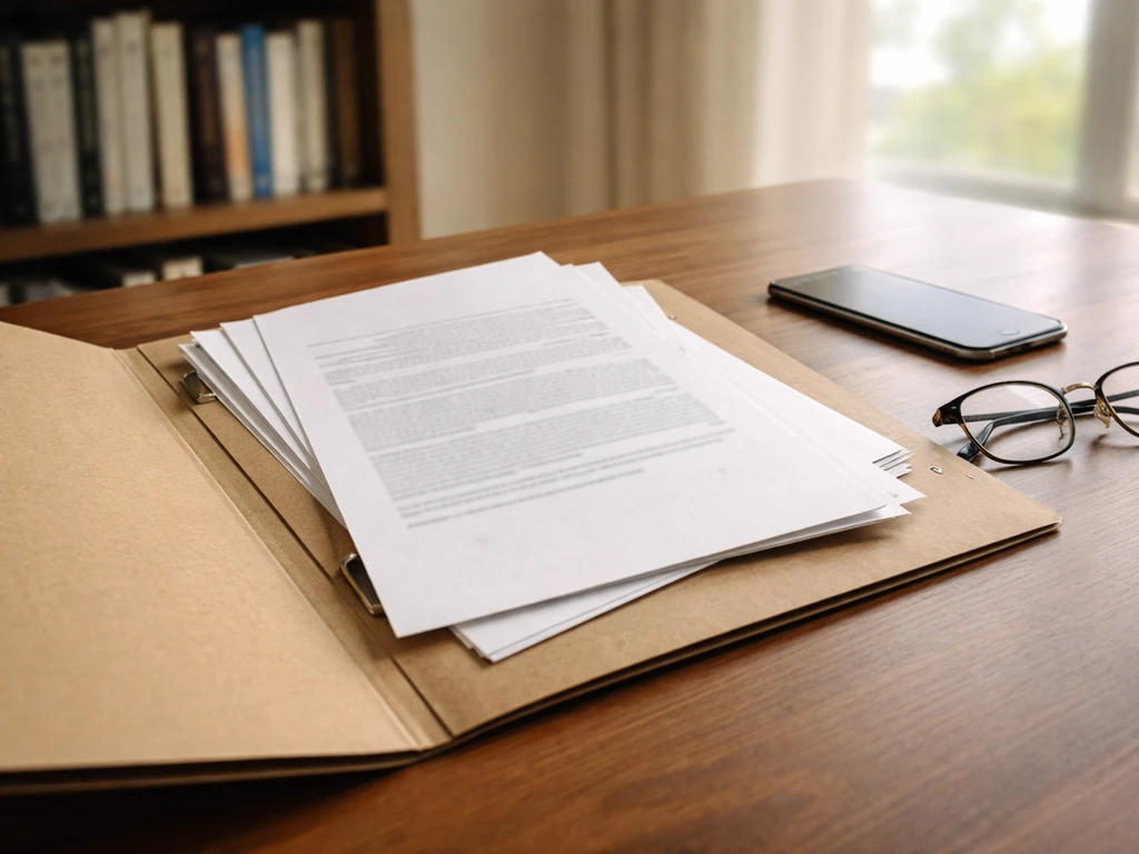 Open generic business documents on a desk beside glasses and a phone, suggesting SEC filing review.