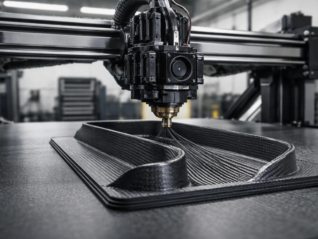 Anonymous continuous carbon fiber 3D printer depositing material on a part-in-progress in a clean factory floor.