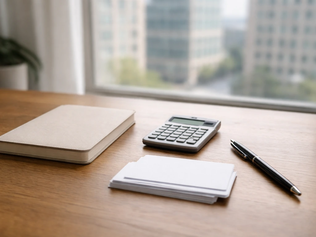 Minimal photo of a desk with a notebook, calculator, and scattered index cards symbolizing asset and portfolio breakdown