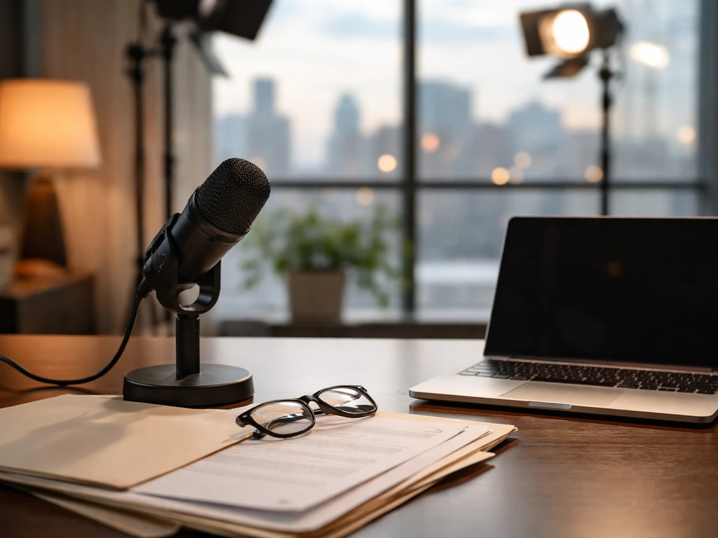 Anonymous office desk with microphone and blank paperwork, hinting at media and financial verification
