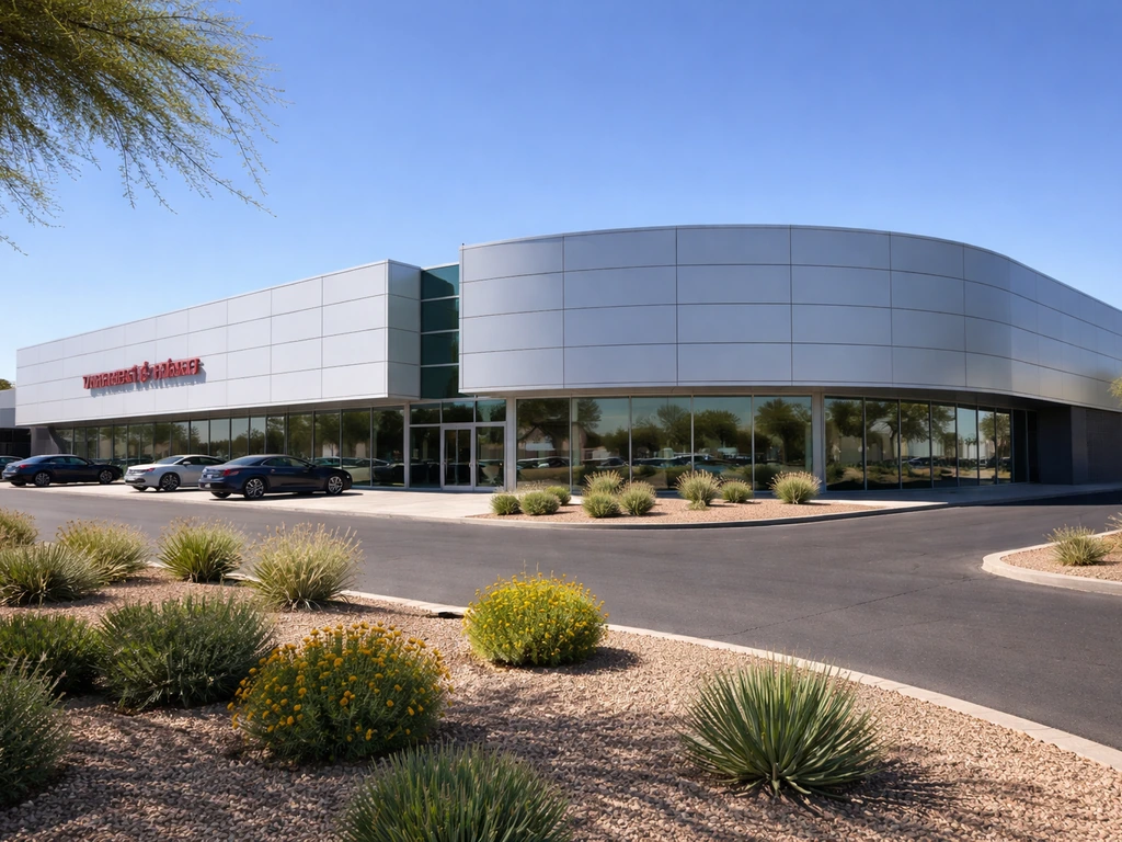 Exterior view of a Porsche dealership building in the Phoenix metro area with clear signage.