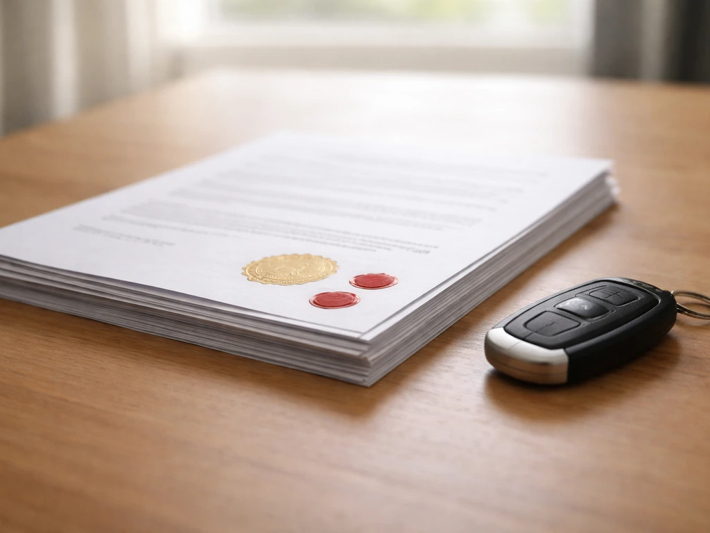 Close-up of corporate ownership documents and a car key fob on a clean desk, symbolizing business equity stakes.