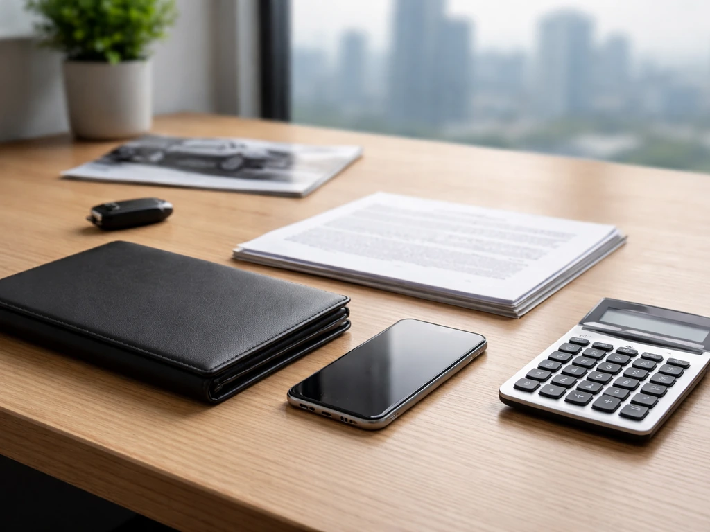 Minimal desk scene with financial documents and investment tools, symbolizing an asset portfolio overview.