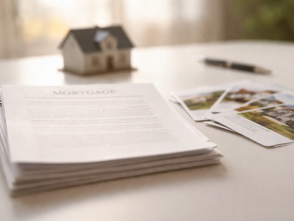 Close-up of mortgage papers on a desk with blank property cards and a small house model in soft light.