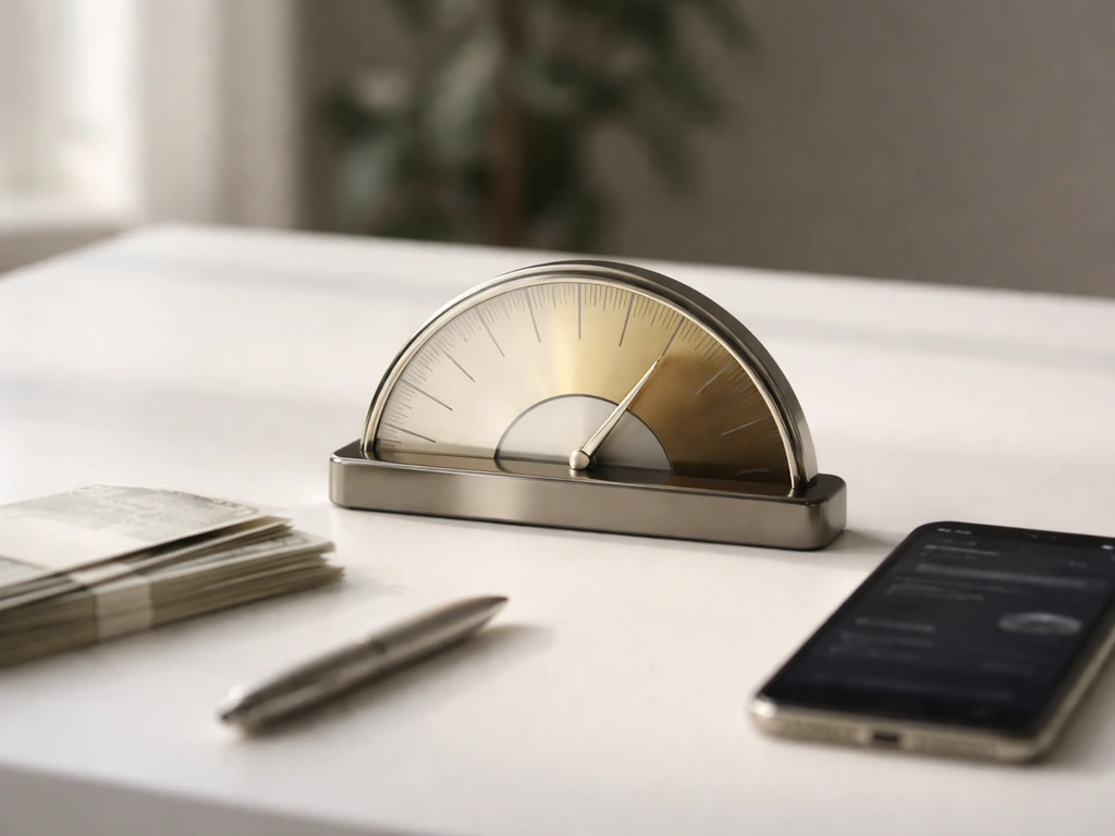 Minimal photo of a range gauge beside a smartphone, symbolizing a net worth estimate window.