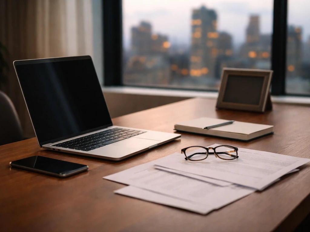 Minimal desk scene with laptop and documents suggesting financial research and verification, no identifiable person.