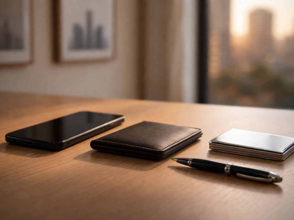 Minimal desk scene with a phone, wallet, and pen suggesting business and net-worth research.