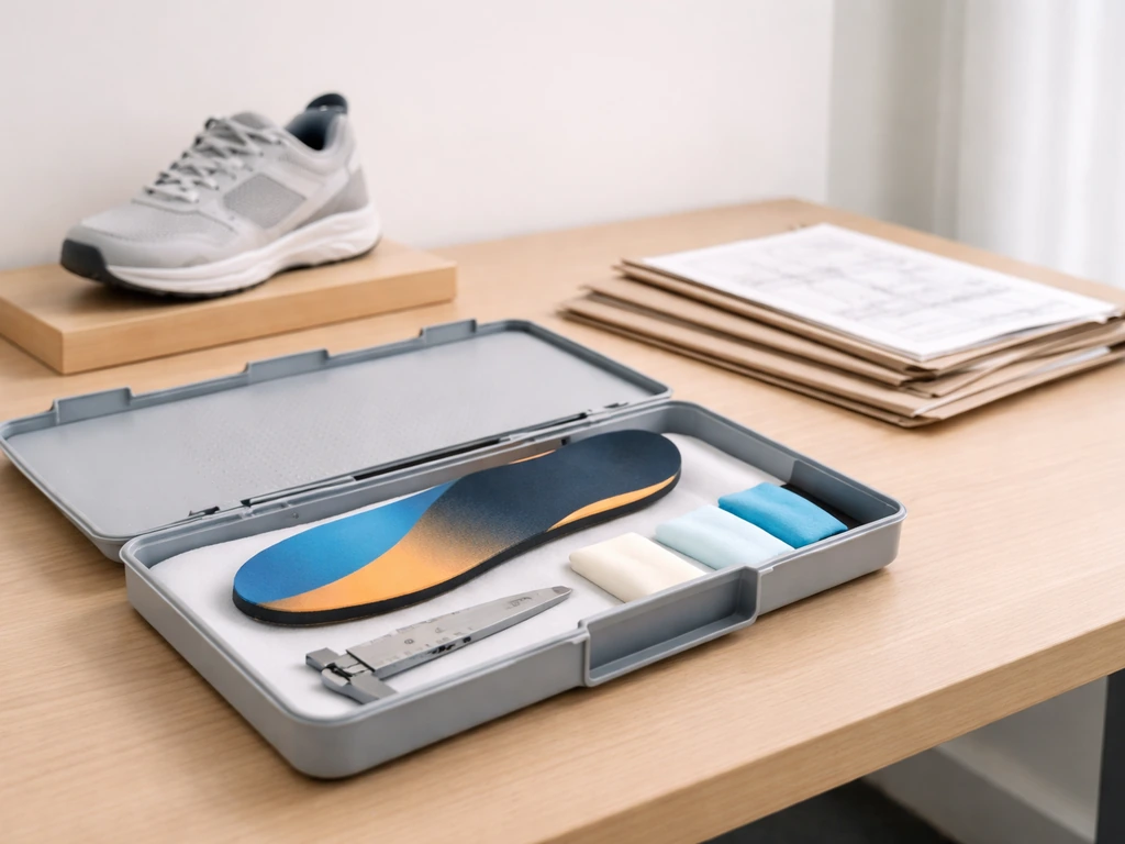 Orthotic insole on a wooden bench beside a small footwear display, implying business and IP origin